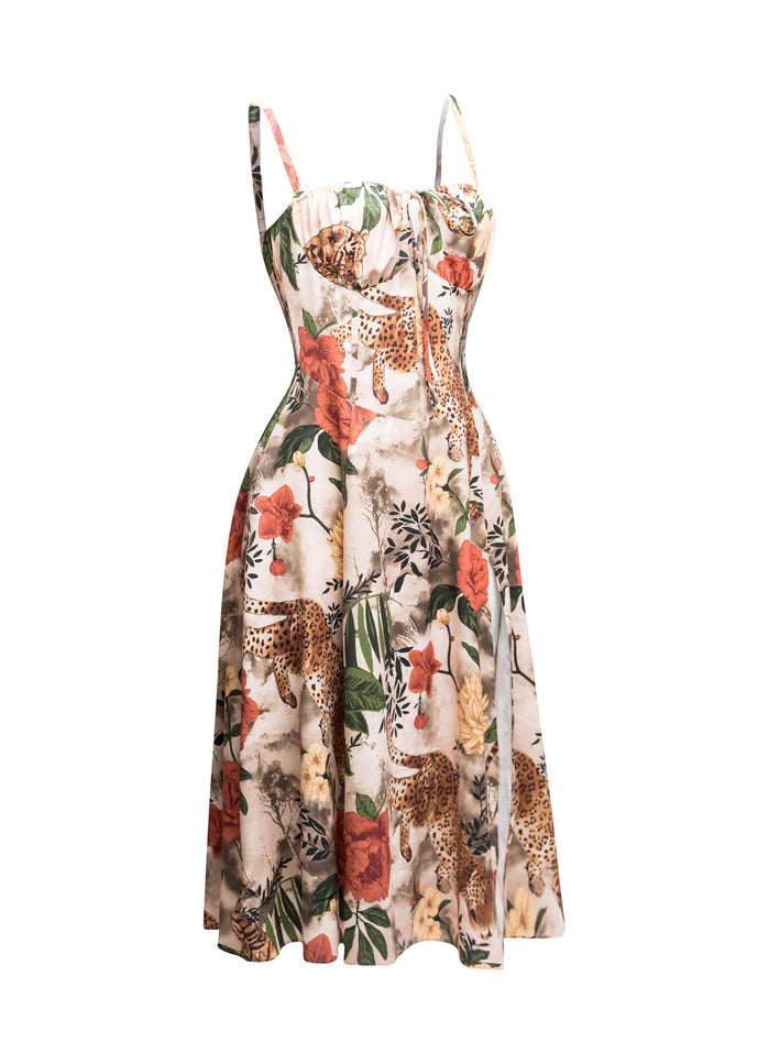 Cheeta printed side slit open flare midi dress - Muvin 