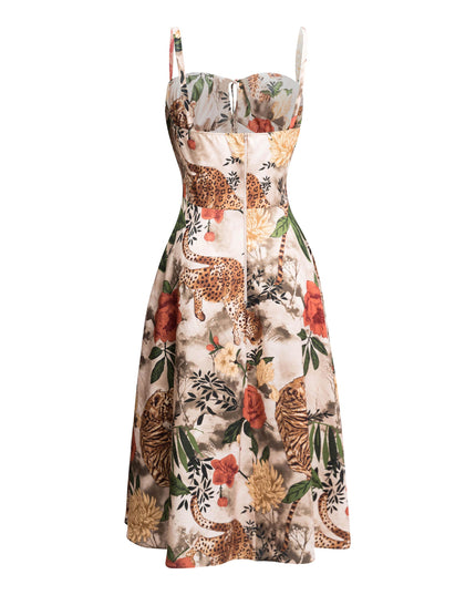 Cheeta printed side slit open flare midi dress - Muvin 