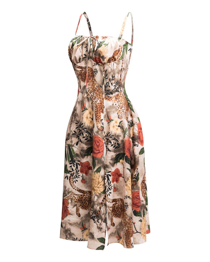 Cheeta printed side slit open flare midi dress - Muvin 