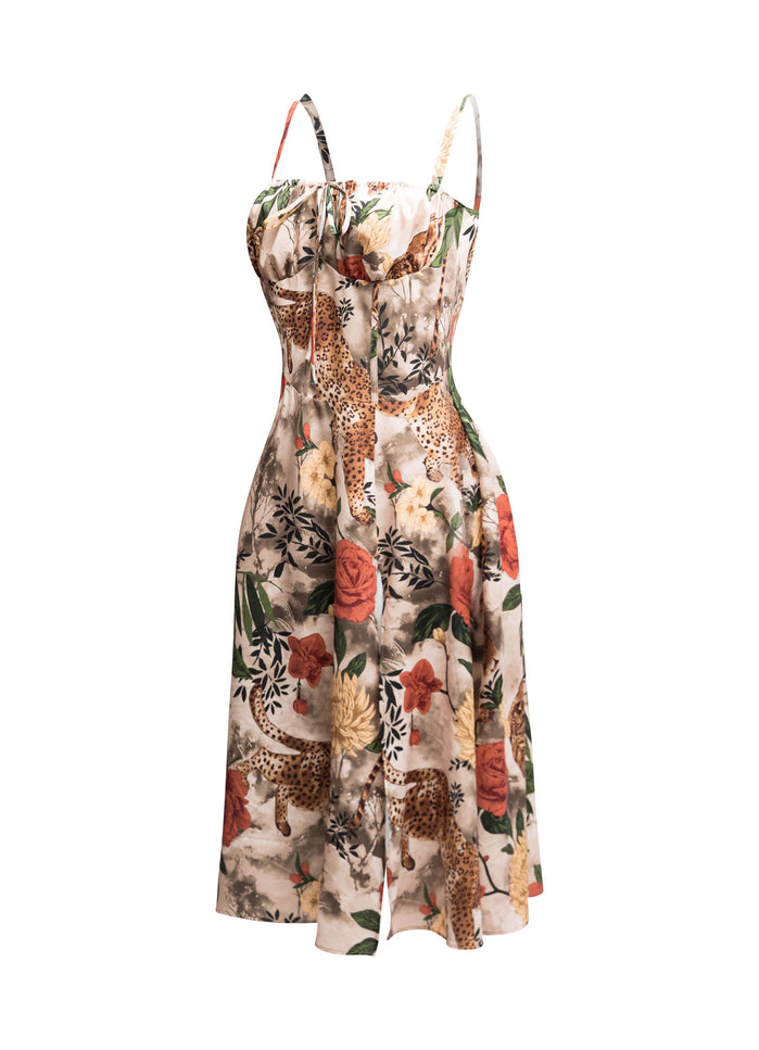 Cheeta printed side slit open flare midi dress - Muvin 