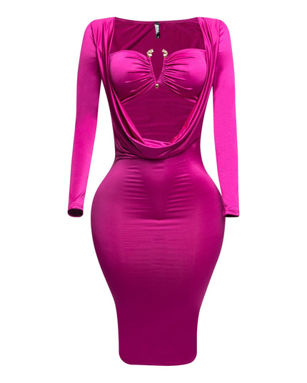 Long sleeve cowl drape front detailed dress - Muvin 