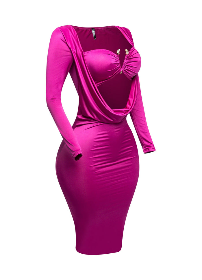 Long sleeve cowl drape front detailed dress - Muvin 