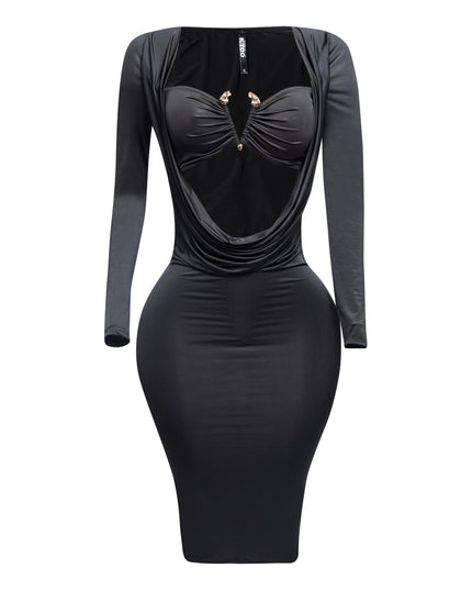 Long sleeve cowl drape front detailed dress - Muvin 