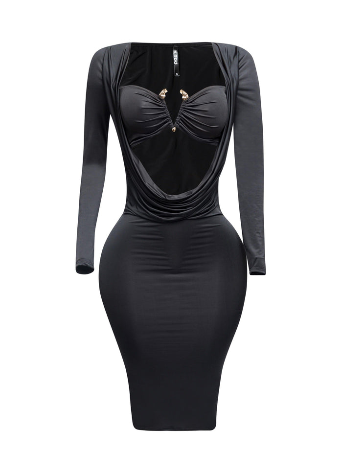 Long sleeve cowl drape front detailed dress - Muvin 