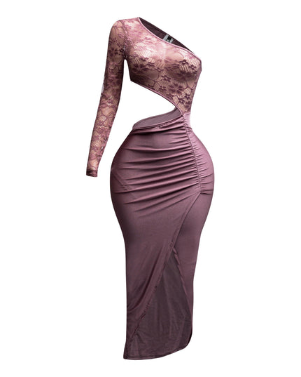 Asymmetric Cut Out One Sleeve Wrap Midi Dress - Muvin 