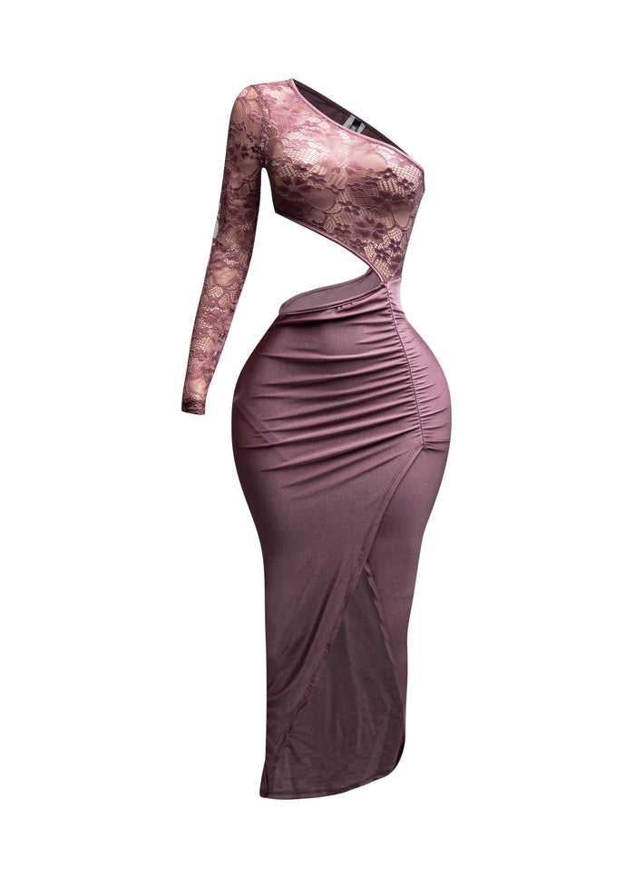 Asymmetric Cut Out One Sleeve Wrap Midi Dress - Muvin 