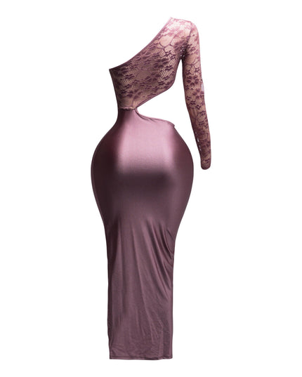 Asymmetric Cut Out One Sleeve Wrap Midi Dress - Muvin 