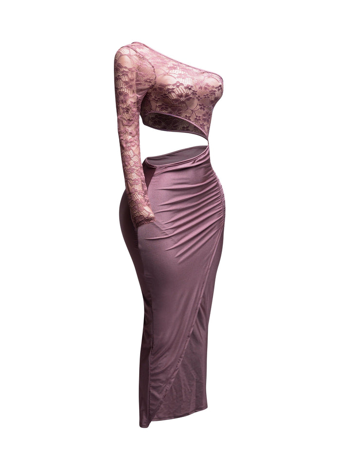 Asymmetric Cut Out One Sleeve Wrap Midi Dress - Muvin 