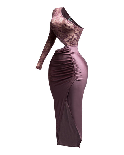 Asymmetric Cut Out One Sleeve Wrap Midi Dress - Muvin 