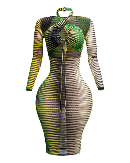 Printed textured mesh halter dress - Muvin 