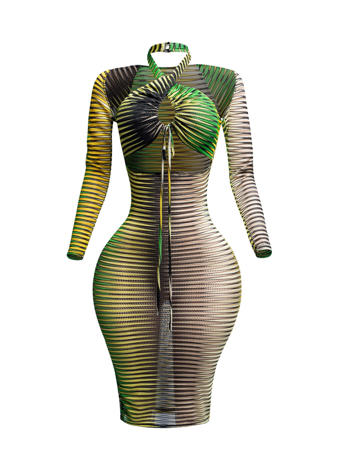 Printed textured mesh halter dress - Muvin 
