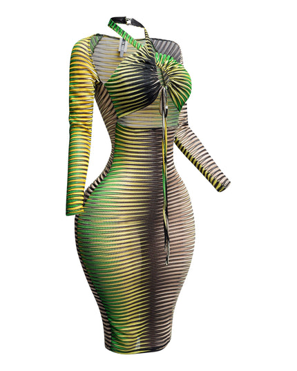 Printed textured mesh halter dress - Muvin 
