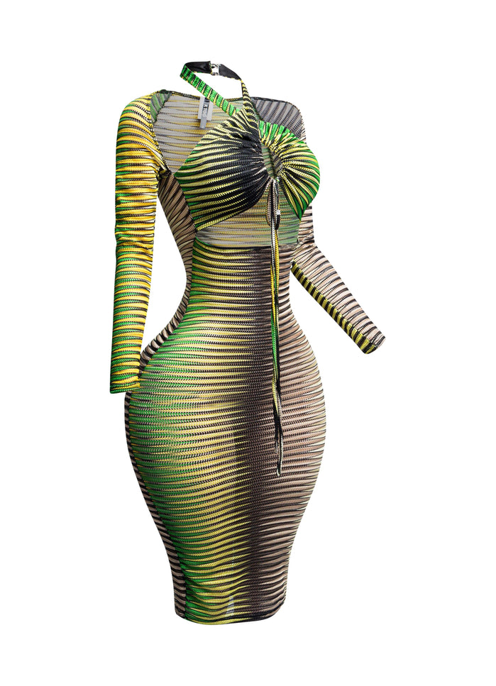 Printed textured mesh halter dress - Muvin 