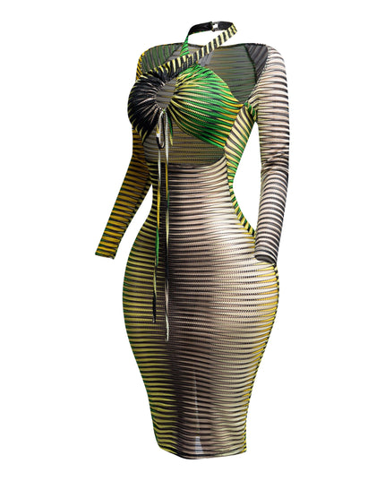 Printed textured mesh halter dress - Muvin 