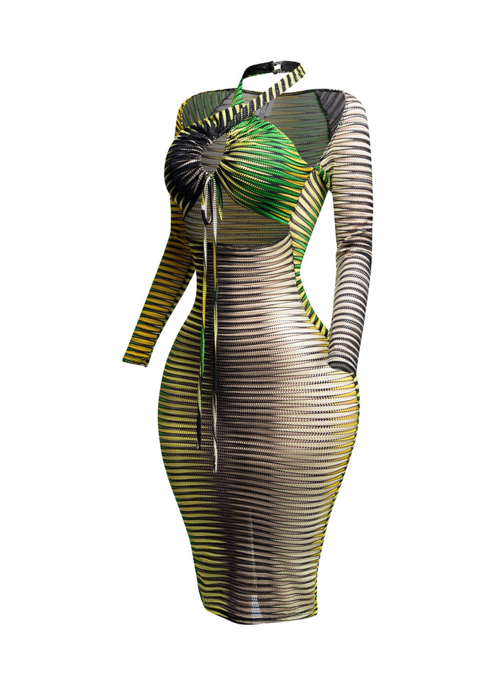 Printed textured mesh halter dress - Muvin 