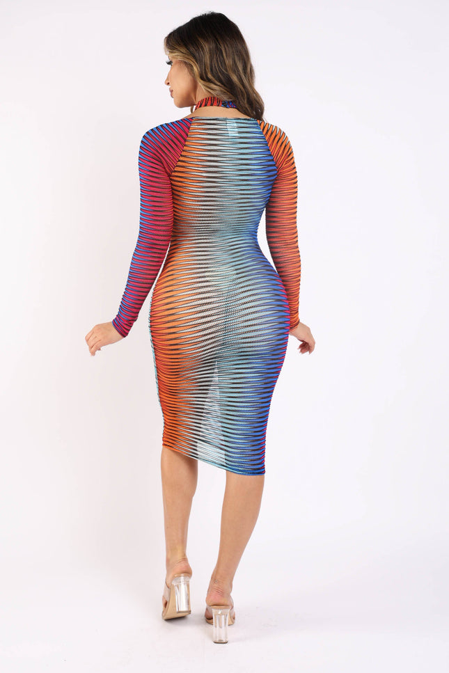 Printed textured mesh halter dress - Muvin 