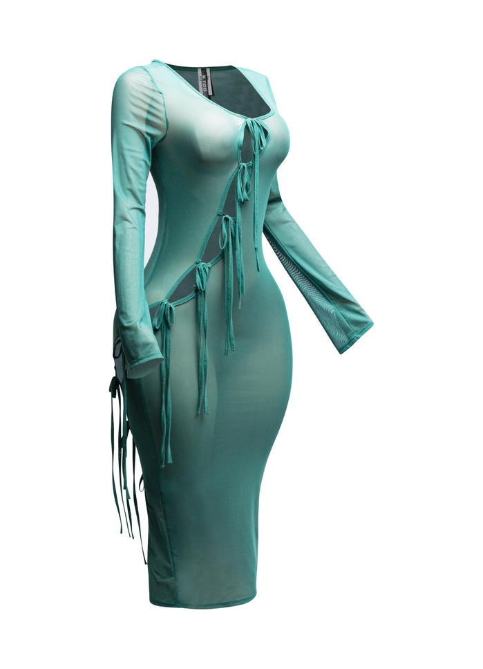 Tie Detailed Mesh Coverup Dress - Muvin 