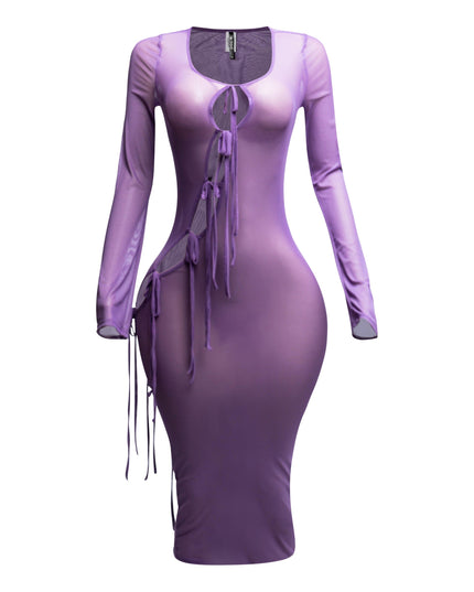 Tie Detailed Mesh Coverup Dress - Muvin 