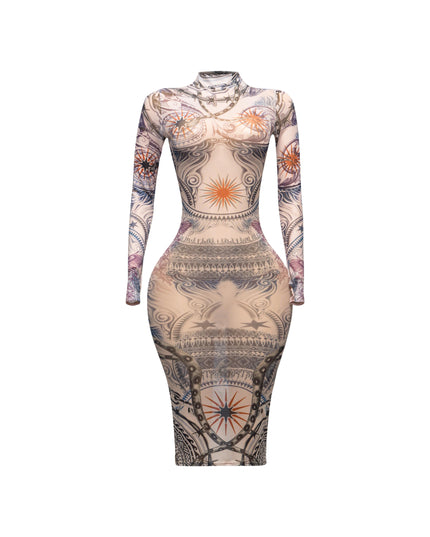 Tattoo body print mesh midi dress - Muvin 