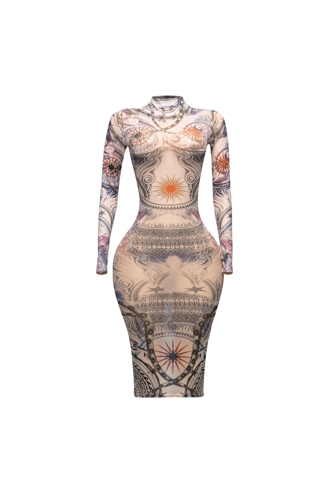 Tattoo body print mesh midi dress - Muvin 