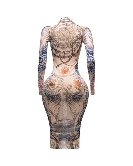 Tattoo body print mesh midi dress - Muvin 