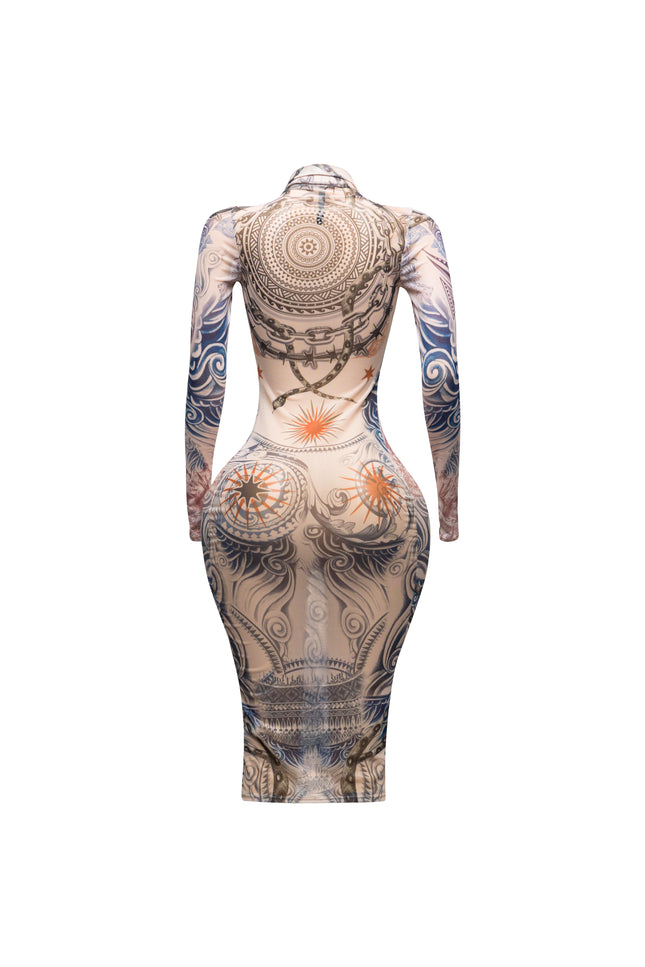 Tattoo body print mesh midi dress - Muvin 
