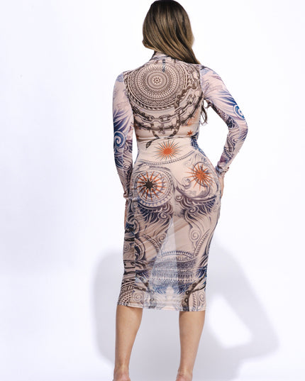Tattoo body print mesh midi dress - Muvin 
