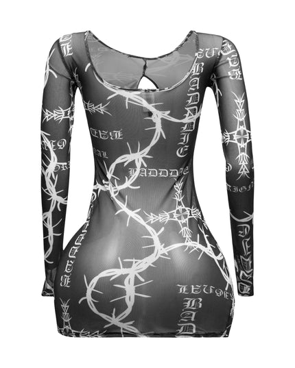 Barbed wire printed mesh dress - Muvin 