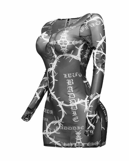 Barbed wire printed mesh dress - Muvin 