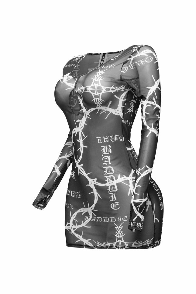 Barbed wire printed mesh dress - Muvin 
