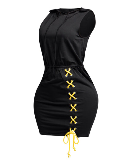 Cross Tied Hoodie Sleeveless Mini Dress - Muvin 