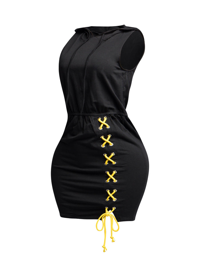 Cross Tied Hoodie Sleeveless Mini Dress - Muvin 