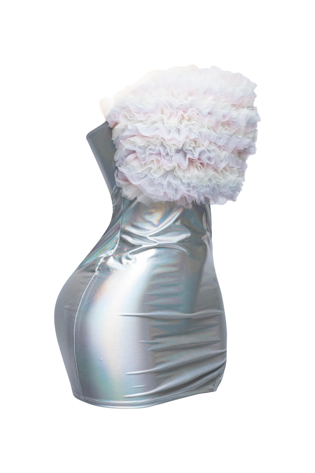 Layered ruffle PU contrast tube dress - Muvin 