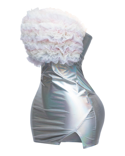 Layered ruffle PU contrast tube dress - Muvin 