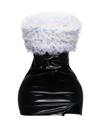 Layered ruffle PU contrast tube dress - Muvin 