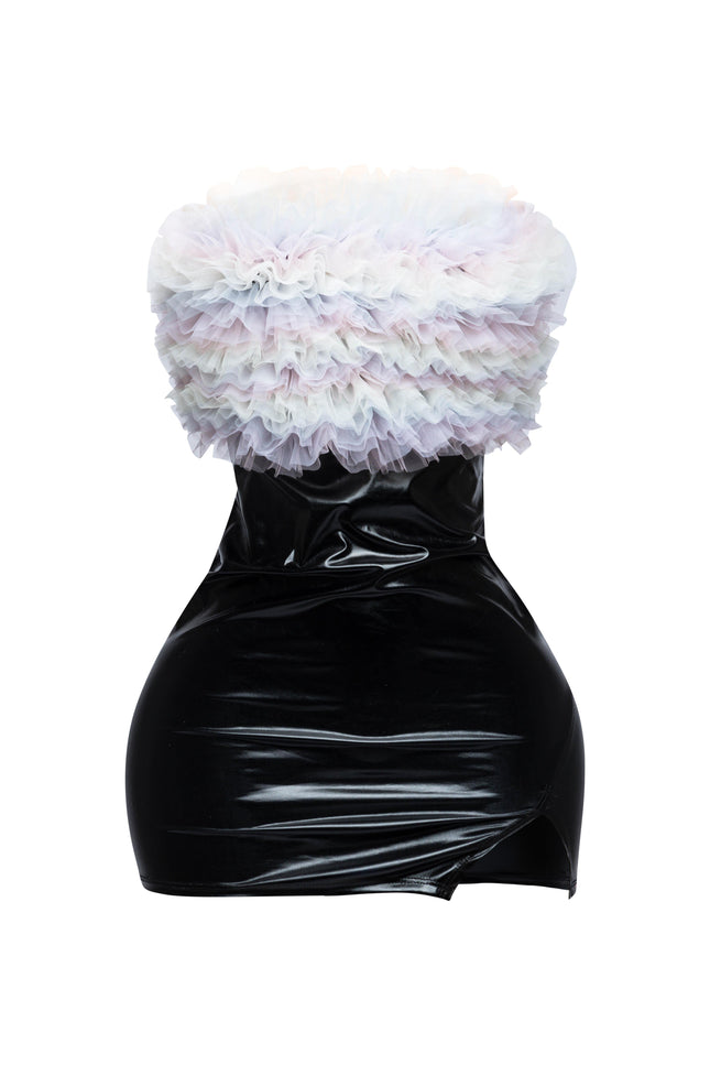 Layered ruffle PU contrast tube dress - Muvin 