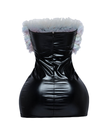 Layered ruffle PU contrast tube dress - Muvin 
