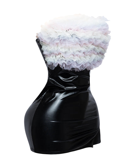 Layered ruffle PU contrast tube dress - Muvin 
