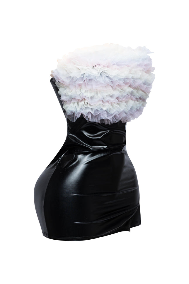 Layered ruffle PU contrast tube dress - Muvin 
