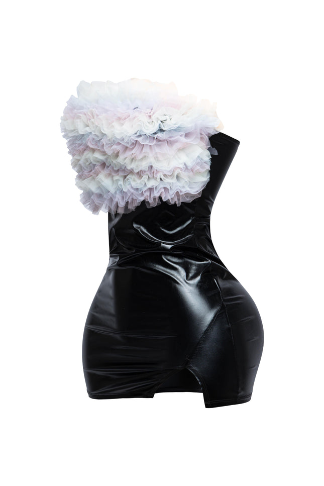 Layered ruffle PU contrast tube dress - Muvin 