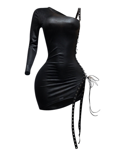 Black asymmetrical mini dress with one sleeve and full lace-up side detail in stretch fabric for edgy going-out looks