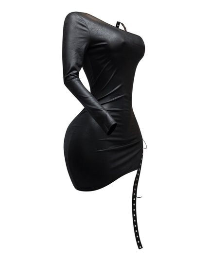 One shoulder black bodycon mini with bold grommet lacing along side seam and sleek curve-hugging fit