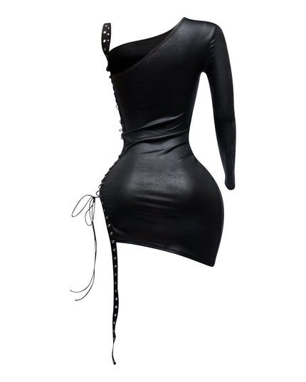 Statement night-out mini dress with asymmetrical neckline and lace-up detailing from underarm to hem