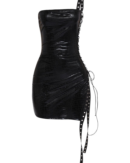 Black faux croc leather mini dress with edgy lace-up side and strapless top


