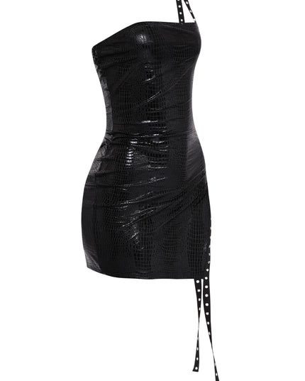 Shiny black tube dress with crocodile pattern and side lace-up corset detail

