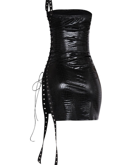 Bodycon black faux leather mini with bold cutout side and grommet tie accents

