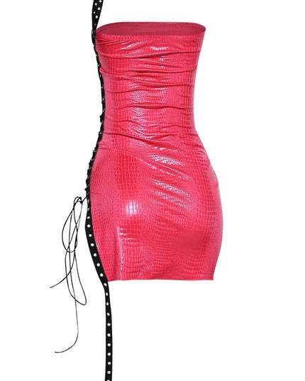 Sleeveless hot pink mini dress with crocodile texture and corset-style side tie


