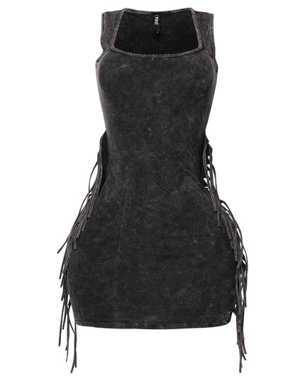 Black acid wash bodycon dress with square neckline and fringe sides

