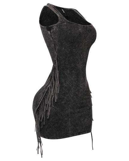 Vintage black mini dress with tassel accents and curve-hugging fit

