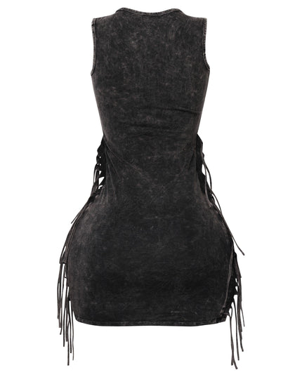 Stretchy black mini with grunge-inspired acid wash and hip fringe

